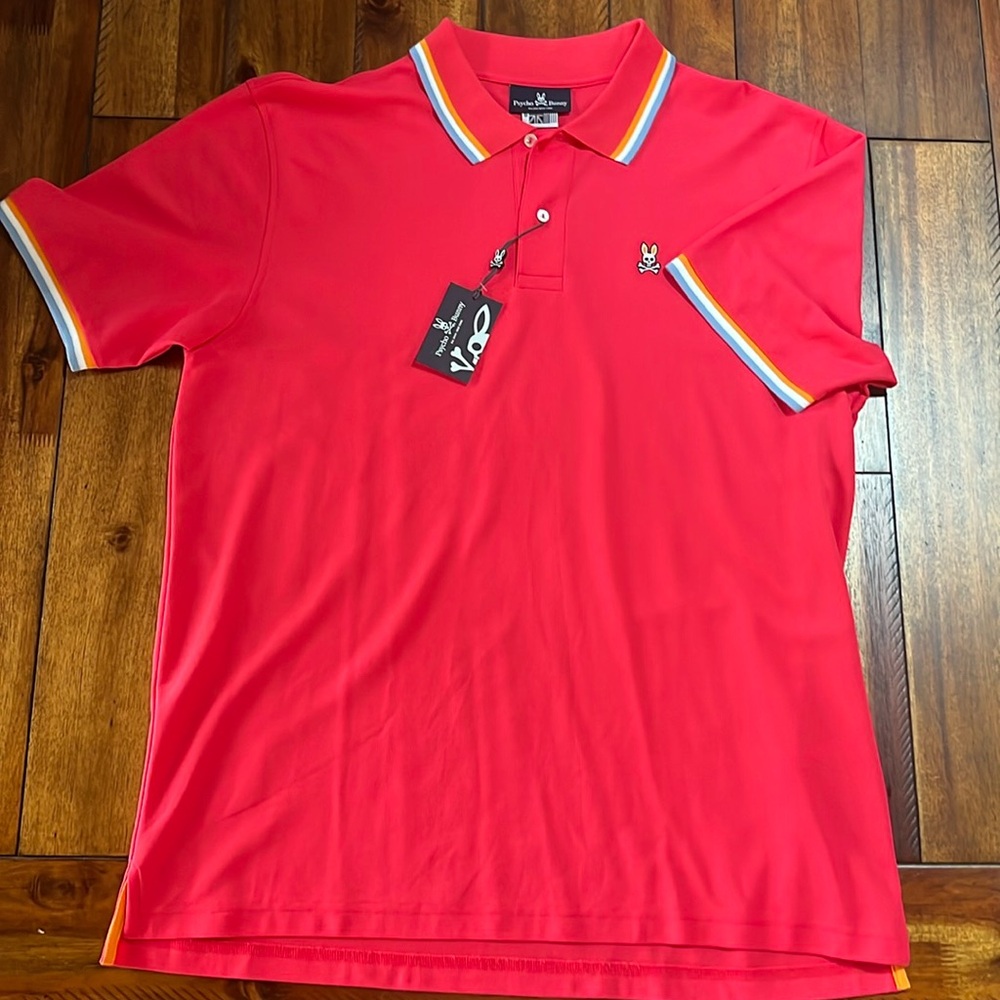 Psycho Bunny NWT Men’s polo shirt size 8 UK Pink, pale blue/orange/white accents
